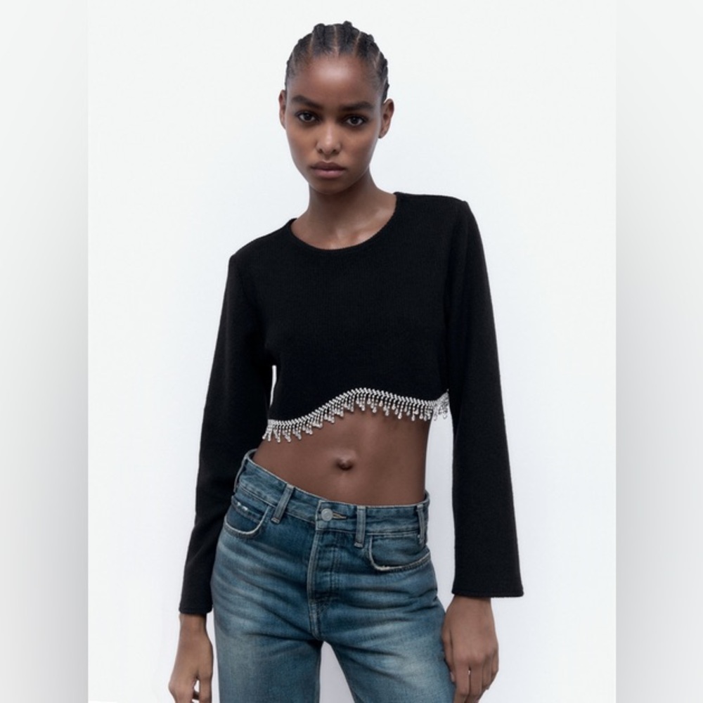 ZARA Rhinestone Ribbed Crop Top - Picture 2 of 10
